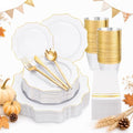 WDF 175Pcs Gold Plates Disposable - White and Gold Plastic Plates 25guest Plastic Dinnerware Ideal for Party/Wedding/Thanksgiving/Fall/Rosh Hashanah by WDF