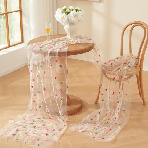 3pcs Champagne Embroidery Daisy Fall Table Runner 10ft Florals Seasonal Tulle Table Runner Holiday Kitchen Dining Table Decoration for Home Party Indoor - Image 2