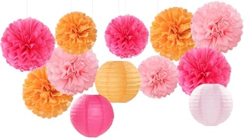 Pink-Orange Party-Decorations Paper-Flowers Lanterns - 15PCS Fall Wedding Birthday Tissue Pom Poms Streamers, Boho Baby Bridal Shower Graduation Sunset Hanging Supplies Decor Hugfond - Image 7