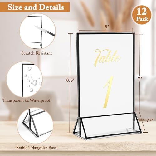 Floroom 12 Pack 5x7 Inch Clear Acrylic Sign Holders, Black Border Double-Sided Vertical Picture Frames & Display Stands for Table Numbers, Photos, Menus, Flyers, Weddings, Parties & Events - Image 2
