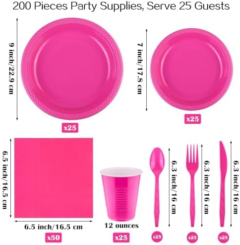 Aodaer 200 Pieces Hot Pink Party Supplies Disposable Dinnerware Set Include Plastic Plates Cups Knives Forks Spoons Paper Napkins for Birthday Wedding Graduation Parties, Serve 25 Guests - Image 2