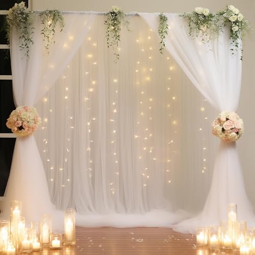 30x10ft White Tulle Backdrop Curtain with Lights String for Parites, Sheer Photo Backdrop Curtains with Lights for Wedding Backdrop Ceremony Reception Bridal Shower Baby Shower Birthday Party by PartyTalk