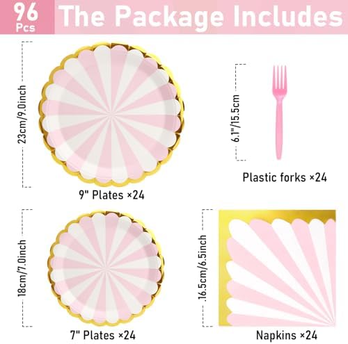 96PCS Pink Party Paper Plates with Gold Scalloped Edge, Pink Scalloped 9inch 7inch Dessert Paper Plates Party Supplies for Birthday Bridal Shower Picnic, Serve for 24 Guests, Striped - Image 3
