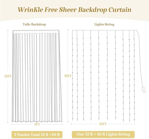 10×12ft Baby Blue Sheer Tulle Backdrop Curtains with Lights String for Parties Baby Shower Decorations for Boy Bridal Shower Birthday Party Photo Shoot Background Wall Decorations 2 Panels 5×12ft - Image 6