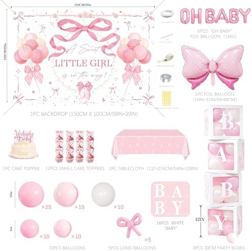 143Pcs Pink Bow Baby Shower Decorations for Girl, Coquette Party Supplies with 5x3ft Backdrop, 4 Baby Boxes with Letters, Balloon Garland Arch Kit, Tablecloth & Cake Toppers for It's a Girl Reveal - Image 2