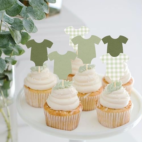 Saga Green Gingham Baby Shower Bodysuit Cupcake Topper,Blue Gingham Decor - Image 4