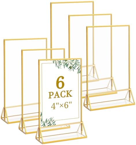 Floroom 6 Pack 4x6 Inch Clear Acrylic Sign Holders, Gold Border Double-Sided Vertical Picture Frames & Display Stands for Table Numbers, Photos, Menus, Flyers, Weddings, Parties & Events by Floroom
