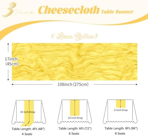 3 Pack Lemon Yellow Cheesecloth Table Runner, 17 x 108 inch, Semi Sheer Boho Cheese Cloth Fabric Table Runner Bulk for Wedding, Birthday, Party, Holiday, Home Decor (Lemon Yellow) - Image 3