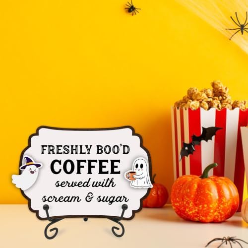 Halloween Table Sign 5x7 Inch Ghost Decor, Rustic Party Centerpiece with Metal Stand & 2 DIY Stickable Wood Decor, Freshly Bood Coffee Table Decoration for Home & Party Display - B06 - Image 5