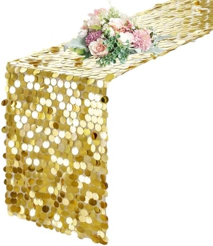 Pufogu 12 x 108 Inch Sequin Table Runner, Gold Glitter Premium Big Sequin Table Runners, Rectangle Table Runner for Halloween, Christmas, Wedding Party, Birthday Party, Banquet Decor (1 Pack). by Pufogu