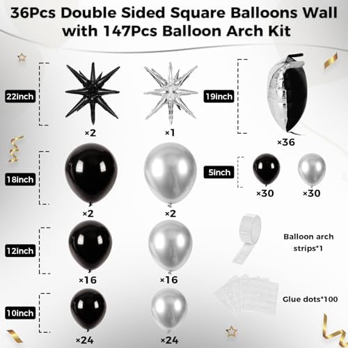 36pcs Black and Silver Square Foil Balloons Wall Backdrop with 147pcs Balloon Garland Arch Kit, Double Sided Balloons for Birthday Anniversary New Year Graduation Prom Party Decorations - Image 2