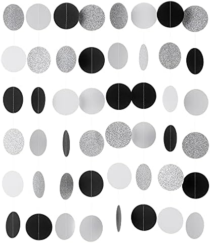 WEVEN Black White Silver Glitter Paper Garland Circle Dot Streamer Banner for Graduation Bridal Shower Wedding Birthday Party Decorations, 2.5" in Diameter, 20 Feet in Total by WEVEN
