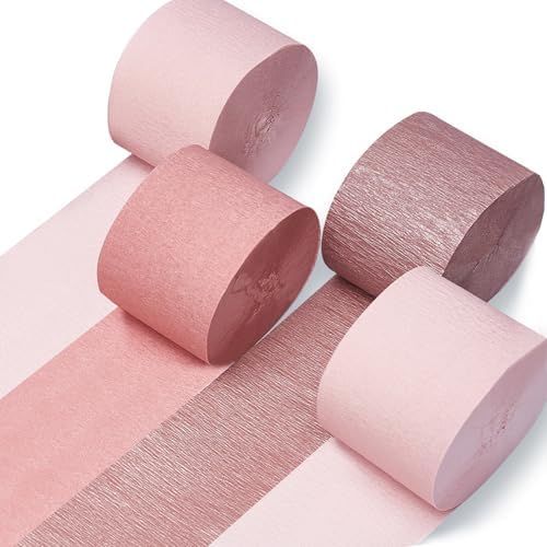PartyWoo Rose Gold Crepe Paper Streamers 4 Rolls 328 ft Pack of Metallic Rose Gold Pink Dusty Pink Crepe Paper for Bride to Be Bachelorette Birthday Party Decorations (1.8 Inch x 82 Ft/Roll) by PartyWoo
