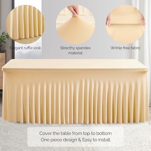 Wish Care 6 Pack Champagne Spandex Table Clothes for 8 Foot Rectangle Tables, 8FT Wrinkle Free Fitted Tablecloths Ruffles Design Table Cover for Party, Banquet, Wedding and Events - Image 2