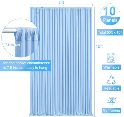 10 Panels Baby Blue Backdrop Curtain for Baby Shower Parties Wrinkle Free Light Blue Curtains Backdrop Drapes Fabric Decoration for Birthday Party Photography 50ft x 10ft - Image 5
