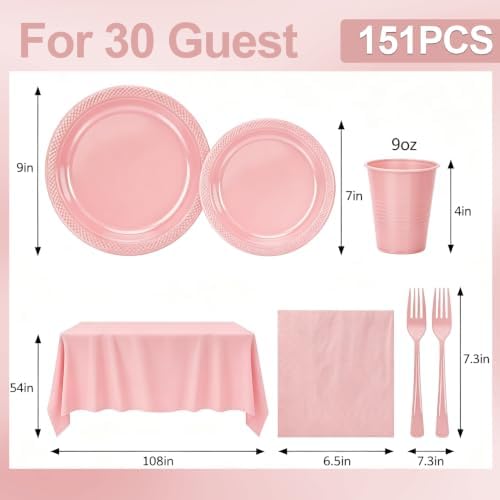 Pink Plastic Plates and Napkins Party Set 30 Guests for Wedding Birthday - Image 3