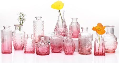 Bud Vases Set of 12,Glass Bud Vases in Bulk,Small Flower Vases for Centerpieces,Mini Vintage Vase for Wedding, Home Table Decor,Christmas,Party Decoration,Pink by Paudao