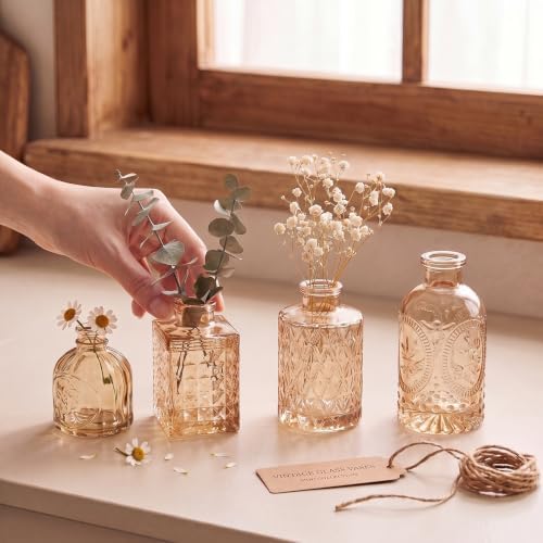 Clear Amber Gold Glass Bud Vase Set of 22 Pcs,Small Bud Vases in Bulk,Glass Crystal Flower Vases Table Centerpieces for Party Event Wedding Decor Baby Shower Decorations (Amber Gold, 22 Pcs) - Image 2