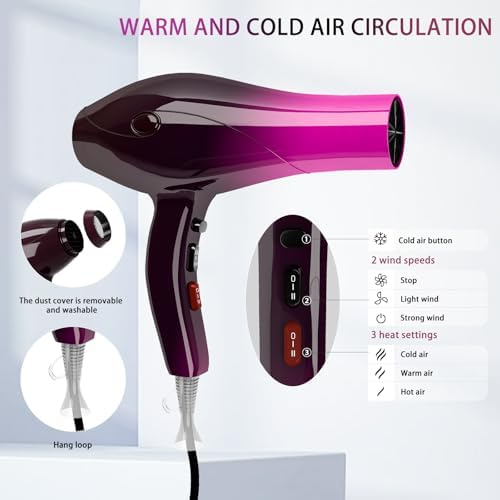 Ionic Hair Dryer,2400W Negative Ion Low Noise Hair Dryer Professional Fast Drying Hair Dryers with 2 Speeds, 3 Heat Settings, Cooling Button,with Diffuser for Curly and Straight Hair（Crimson Fade） - Image 4