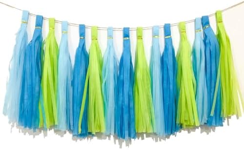 We Moment Green Blue and Light Blue Tissue Paper Tassels Party Tassel Garland Banner for Baby Shower Green Blue Party Decorations, DIY Kits,15PCS by We+Moment