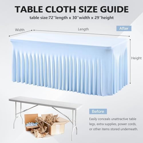 Wish Care 6 Pack Baby Blue Spandex Table Clothes for 6 Foot Rectangle Tables, 6FT Wrinkle Free Fitted Tablecloths Ruffles Design Table Cover for Party, Banquet, Wedding and Events - Image 3