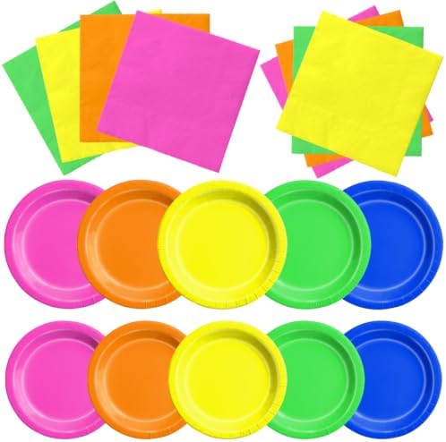 CMUSKO Glow in the Dark Party Supplies - 60Pcs Neon Party Plates & Napkins Set 80s Neon Let's Glow Themed Tableware for Birthday by CMUSKO
