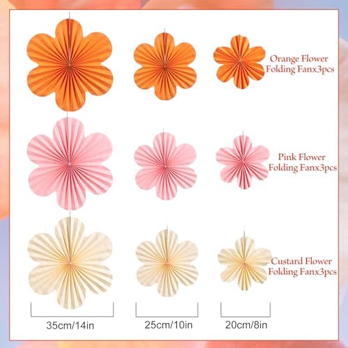 SUNBEAUTY Paper Flowers Decorations Pink and Orange for Wall Paper Fans Classroom Decoration Paper Floral Backdrop Decor Paper Fans Decor Hanging Paper Fans Orange Flower Wall Decor Set of 9 - Image 2