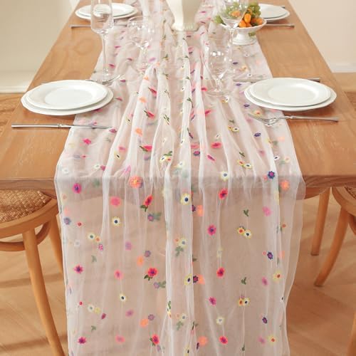 3pcs White Embroidery Daisy Fall Table Runner 10ft Florals Seasonal Tulle Table Runner Holiday Kitchen Dining Table Decoration for Home Party Indoor - Image 2
