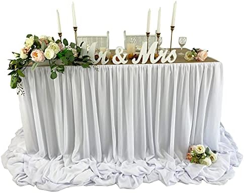 Pooling and Floating Chiffon Table Skirt with extra length, 6FT 9FT 14FT Sheer Tablecloth, Baby Shower, Birthdays Party, Main Cake Table Decoration, Wdding Table Skirt (White, 9FT) by EHLDekol