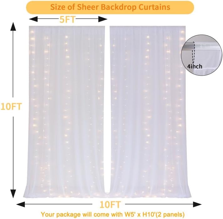 White Backdrop Curtain with Lights String for Birthday Decorations 10×10FT Tulle Backdrop Curtain for Parites Wedding Bridal Shower Baby Shower Bridal Shower (2 Panels 5×10ft) - Image 2