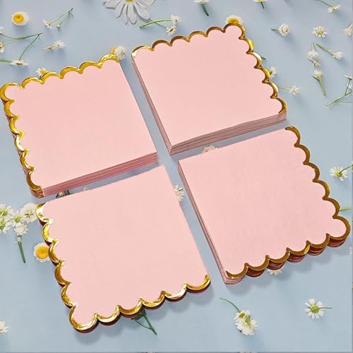 100 pack Pink Cocktail Napkins with Gold Foil Accents Scalloped Edges 5 x 5 inch Beverage Disposable Napkin Party Decoration Wedding Bridal and Baby Shower Dinner Lunch Supplies - Image 3