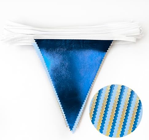 Gold Blue Party Decoration Gradient Blue and Gold Triangle Pennant Banner Flag Metallic Fabric Bunting Garland for Nautical Ahoy Achor Birthday Graduation Retirement Wedding Baby Shower Party Supplies - Image 3