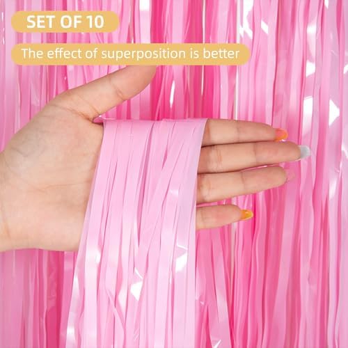 10 Pack Pink Foil Curtain Backdrop 3.2ft x 8.2ft Macaron Tinsel Foil Fringe Curtains Streamer Photo Booth Backdrop for Birthday Party Baby Shower Engagement Wedding Holiday Decoration (Macaron Pink) - Image 2