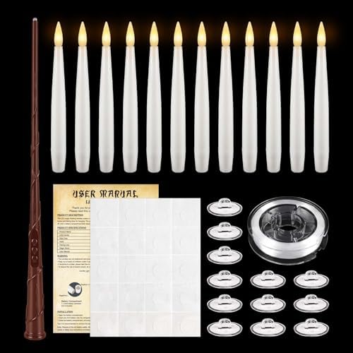 12White Flameless Floating Candles with Wand Remote, Magic Hanging Candles with String, Taper Candle Flickering Flameless Light Halloween Candles for Halloween Christmas Birthday Party Decor. - Image 3