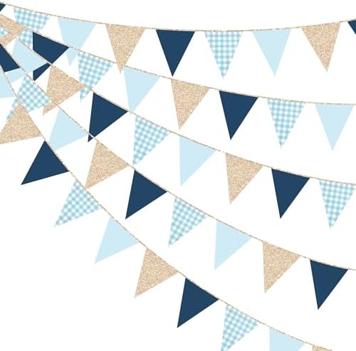 Navy Blue Champagne Gold Dusty Blue Buffalo Plaid Pennant Banner Flag Hanging Glitter Paper Triangle Bunting for Birthday Wedding Shower Bachelor Retirement Nautical Party Decorations Supplies by pinkblume