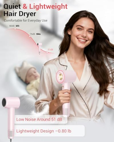 Ionic Hair Dryer, 150,000 RPM High-Speed Professional Blow Dryer for Fast Drying, 500M Negative Ions & Thermo-Control, Magnetic Nozzle, Low Noise & Lightweight for Home and Travel, Pink - Image 4