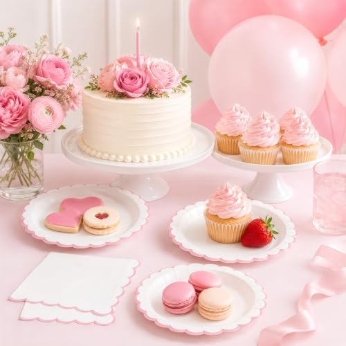 50 Pcs Pink and White Paper Plates and Napkins, 7 Inch Disposable Scalloped Plates & Napkins Party Supplies Cake Dessert Plate Tableware for Baby Shower Bridal Shower Wedding Birthday - Image 6