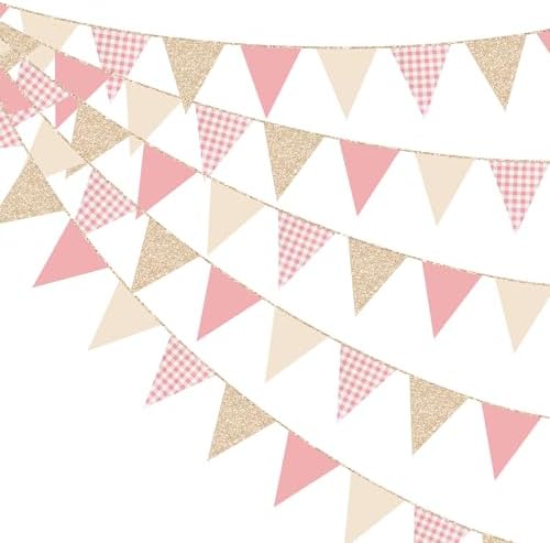 Dusty Rose Pink Buffalo Plaid Champagne Gold Party Decorations Pennant Banner Flag Hanging Glitter Paper Triangle Bunting for Women Girls Birthday Wedding Bridal Shower Hen Party Supplies by pinkblume