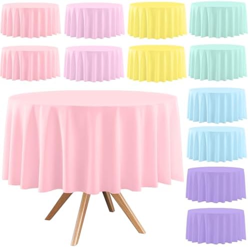 12 Pack Round Pastel Disposable Tablecloths for Party, 84 Inch by EUVBOKW