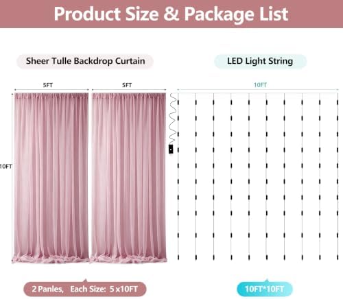 Tulle Backdrop Curtain with Lights String 10FT X 10FT Wrinkle Free Dusty Rose Sheer Tulle Backdrop Curtains for Wedding Birthday Party Reception Photo Booth Background Decorations (2 Panels 5x10FT) - Image 2