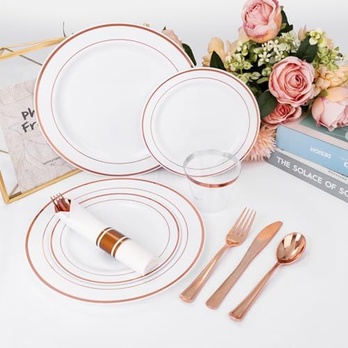 WELLIFE 350Pcs Rose Gold Plastic Plates for 50 Guests - Plastic Dinnerware Set,Party Supplies Includes 100 Rose Gold plates,150 Silverware,50 Napkins,50 Cups for Valentines and Galentines - Image 5