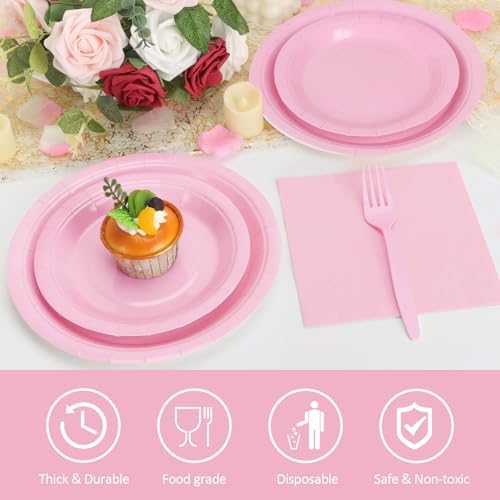 Light Pink Plates and Napkins Party Supplies, Include 9’’ Pink Disposable Paper Plate, 7’’ Dessert Plates Cups Napkins Forks Set for Birthday, Baby Shower Wedding, Party Decorations for Serves 25 - Image 3