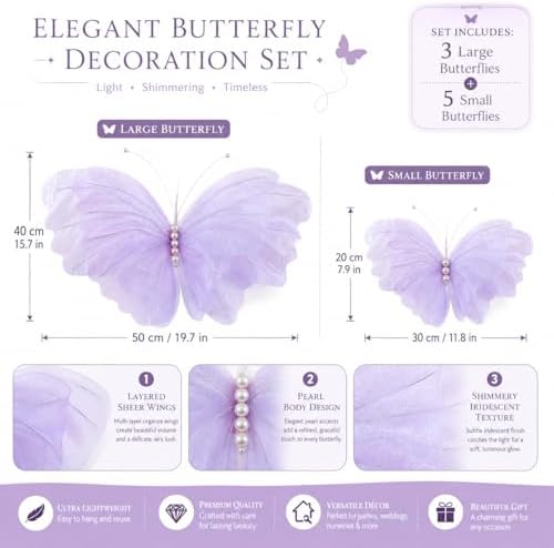 8 Pcs Large Butterfly Decorations, 3D Purple Silk Butterflies Wall Decor, 20 Inch Big and 12 Inch Small Hanging Butterflies for Birthday Party, Baby Shower, Wedding, Nursery and Centerpieces - Image 2