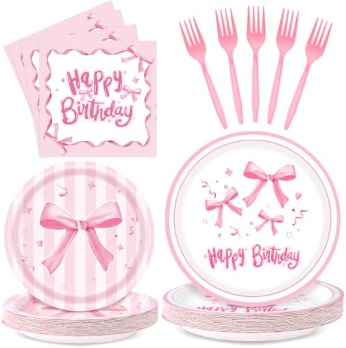 REDWORD Pink Bow Birthday Decorations, 96Pcs Bow Party Tableware Plates Napkins Forks for Pink Birthday Girls Bachelorette Party Decorations-Serves 24 by Unknown