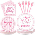 REDWORD Pink Bow Birthday Decorations, 96Pcs Bow Party Tableware Plates Napkins Forks for Pink Birthday Girls Bachelorette Party Decorations-Serves 24 by Unknown