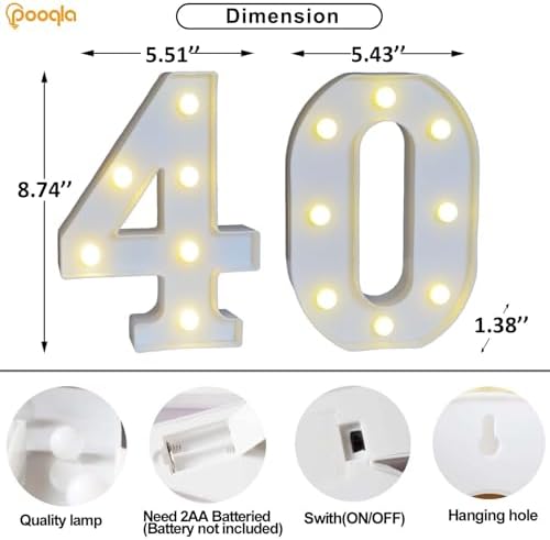 Pooqla 40th Birthday Decorations for Her Him, Light Up Number 40 for Party Table Decorations, 40th Birthday Gift for Women Men, Backdrop Wall Decor for 40th Wedding Anniversary Decoration - Image 4