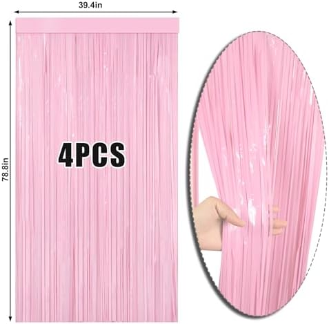 4 Packs Pastel Pink Foil Fringe Curtain, Baby Pink Metallic Tinsel Backdrop for Birthday, Wedding, Baby Shower, Princess Bachelorette Cowgirl Bow Party Decorations Supplies - Image 6