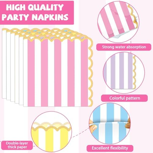 96Pcs Pastel Stripe Party Supplies Pastel Paper Plates Napkins Stripe Ice Cream Party Tableware Set Pastel Dinnerware for Girl Birthday Party Baby Shower Decoration Serve 24 (Scalloped) - Image 4