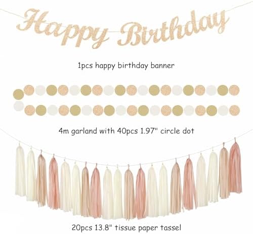 Champagne-Gold Beige 21st Happy-Birthday Party-Decorations - 31pcs Sweet 16 18th Women Girls Paper Lanterns Streamers Banner,Tissue Pom Poms Fans Tassels Graland Decor,Fall Boho Rose Backdrop Hugmoon - Image 3