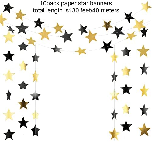 Glitter Star Garland Banner Decoration, 130 Feet Bright Gold Star Hanging Bunting Banner Backdrop for Engagement Wedding Baby Shower Birthday Christmas Party Decor (Black, Gold) - Image 2